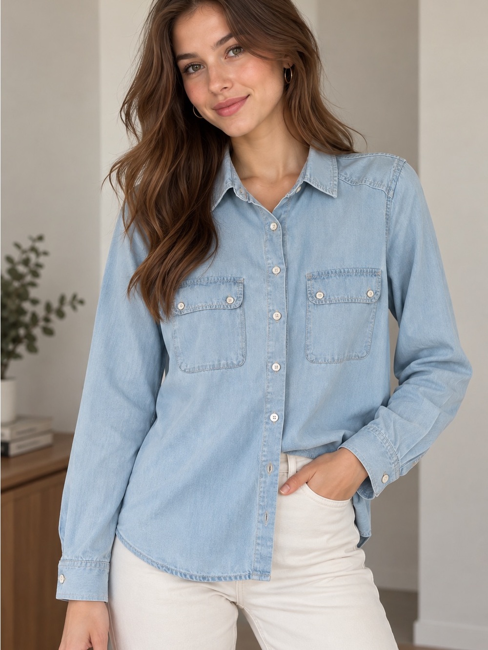 Massimo Dutti Light Wash Lyocell Chambray Button Down Shirt US 4